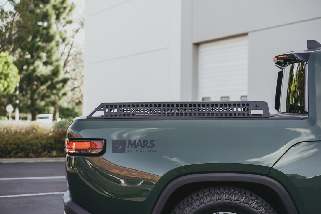 Bed Rack for Rivian R1T – Steel & Aluminum, MOLLE Side Panels, Adjustable Crossbars, Accessory Port Adapters
