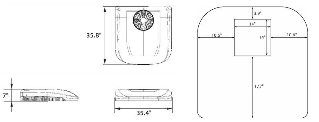 48V DC Rooftop Air Conditioner – 12,000 BTU, Low Profile, Fits 14″ × 14″ Openings, Complete Kit