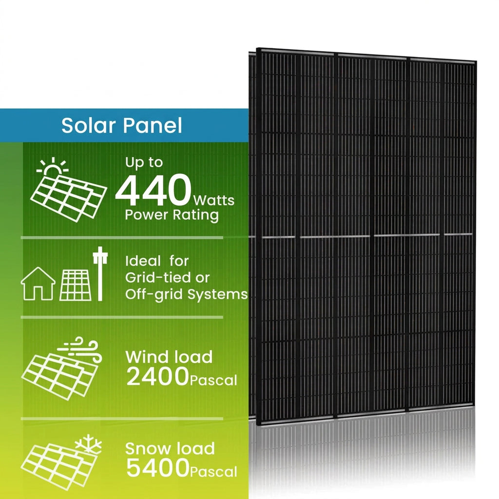 440W Bifacial N-Type TOPCon Solar Panel (2-Pack, 880W Total) – Black Aluminum Frame, MC4 Connectors
