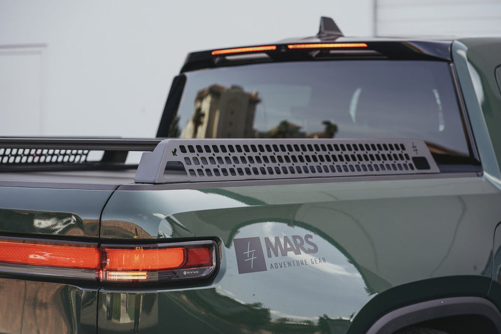 Bed Rack for Rivian R1T – Steel & Aluminum, MOLLE Side Panels, Adjustable Crossbars, Accessory Port Adapters