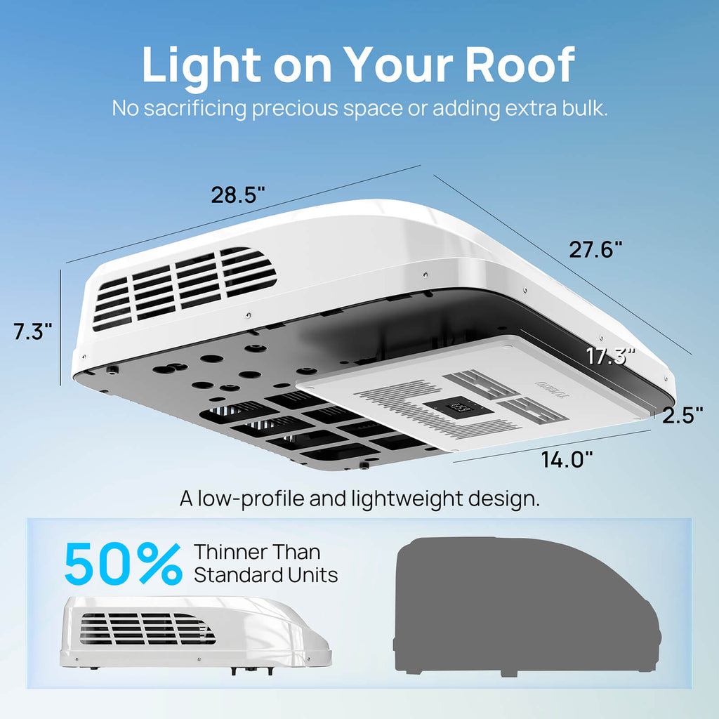 12V DC Rooftop RV Air Conditioner – 9,000 BTU, Inverter Compressor, Low Profile, App Control