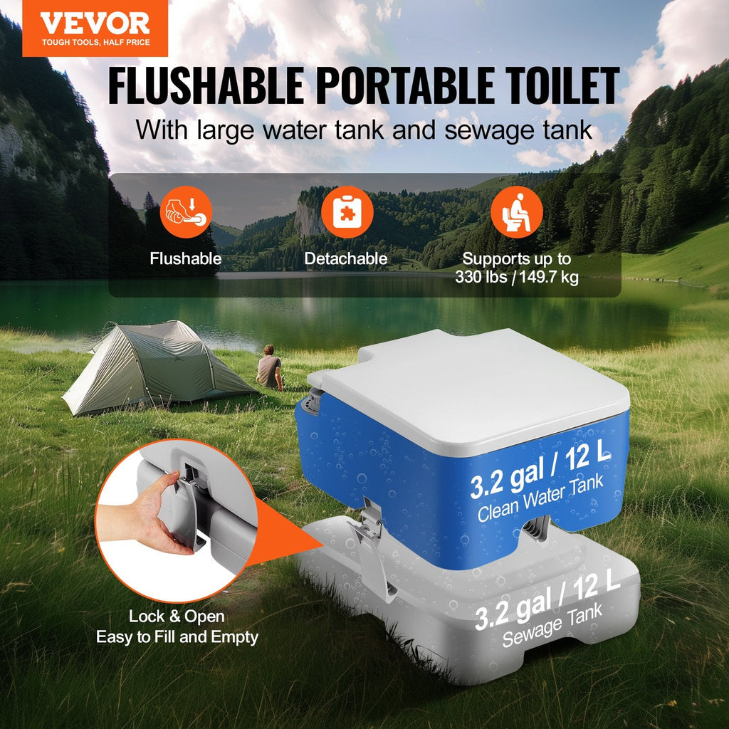 Portable Flushing Toilet – 3.2 Gal Flush Tank, Piston Pump, Leak-Proof, 330 lb Capacity
