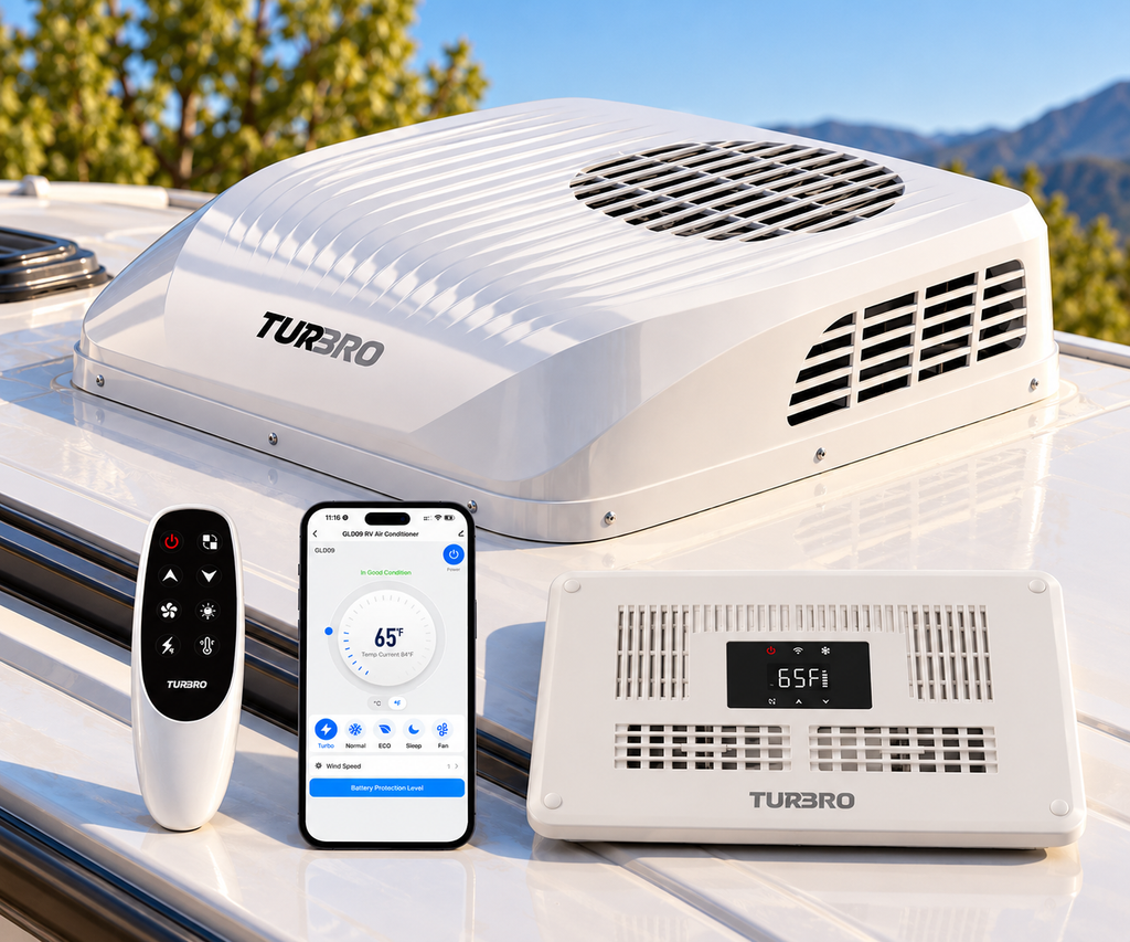 12V DC Rooftop RV Air Conditioner – 9,000 BTU, Inverter Compressor, Low Profile, App Control