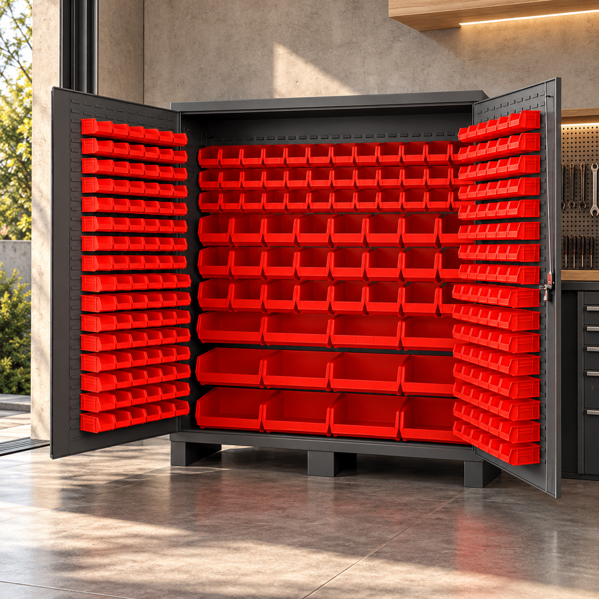 Industrial Storage Cabinet with Louvered Doors & Hook-On Bins – 72″ W × 24″ D × 84″ H, 3-Point Locking