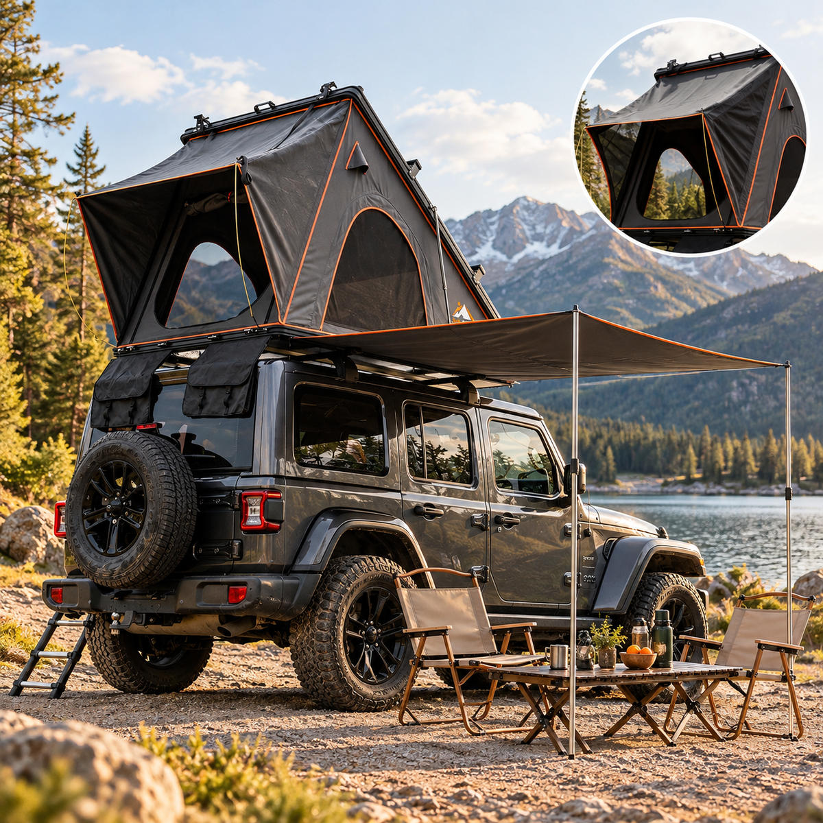 Hardshell Rooftop Tent – Aluminum, Pop-Up, 4-Season, Side Awning, AC Bracket, Sleeps 2–3