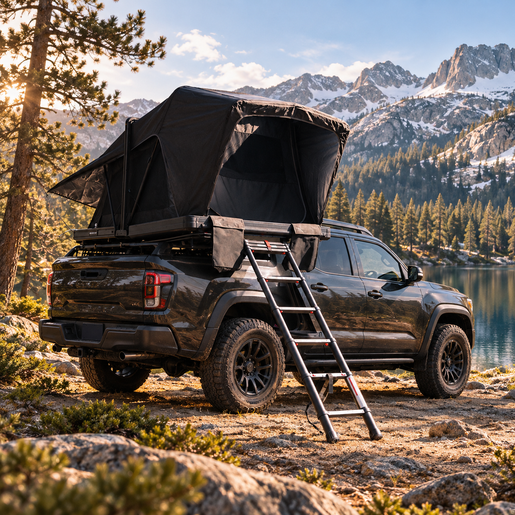 Fold-Over Hardshell Rooftop Tent – Sleeps 2, Telescopic Ladder, Insulation Liner, LED Light Bar