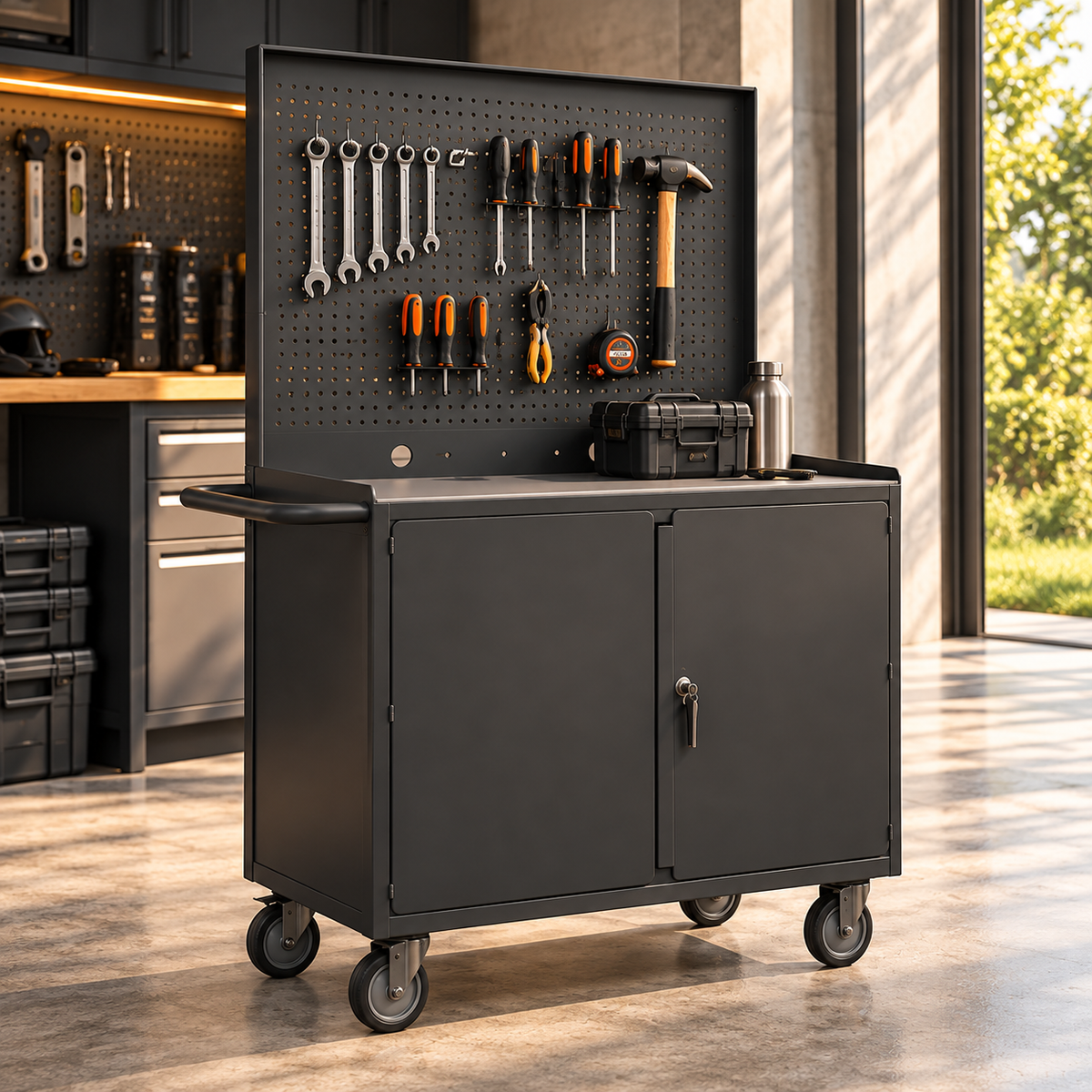 Pegboard Storage Cabinet with Work Surface – 42″ W × 18″ D × 67″ H, Adjustable Shelf, 3-Point Locking