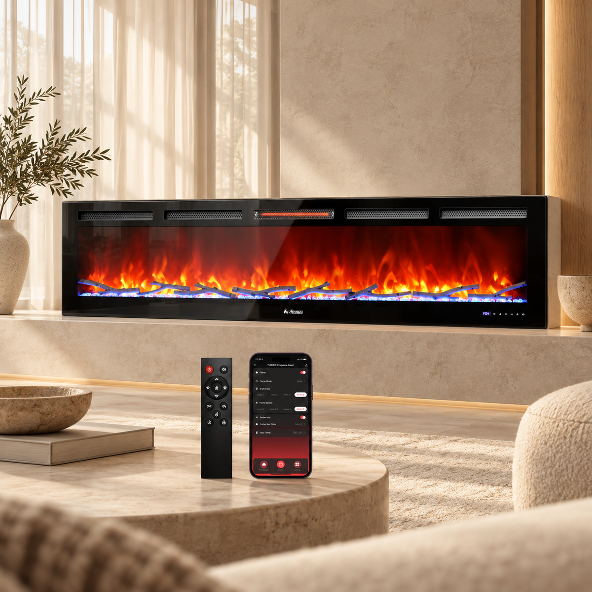 WiFi Smart Wall-Mounted Electric Fireplace with Infrared Heater – 12 Flame Colors, Voice & App Control