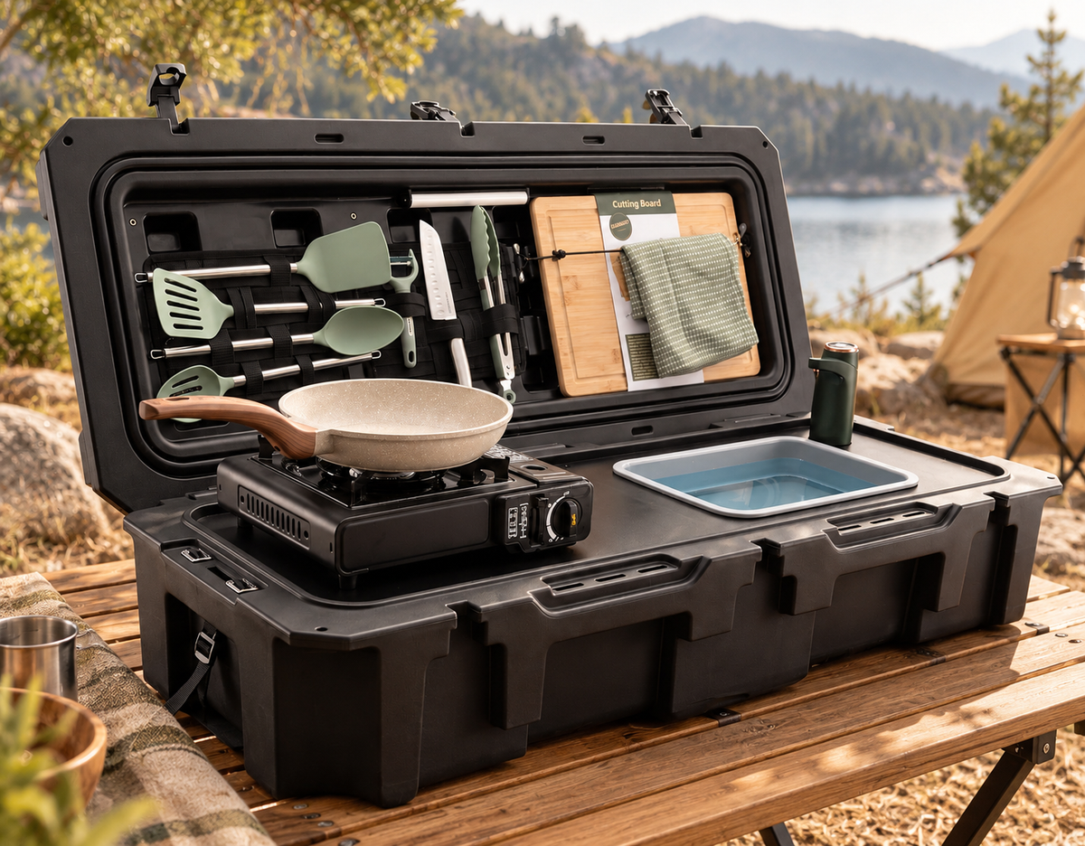 All-in-One Portable Camp Kitchen – Butane Stove, Sink with Rechargeable Faucet, 2-Gallon Water Tank, Weatherproof Case