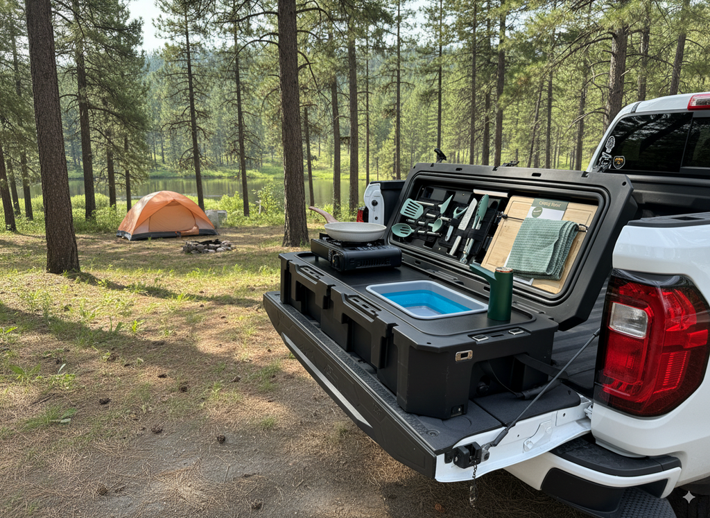 All-in-One Portable Camp Kitchen – Butane Stove, Sink with Rechargeable Faucet, 2-Gallon Water Tank, Weatherproof Case
