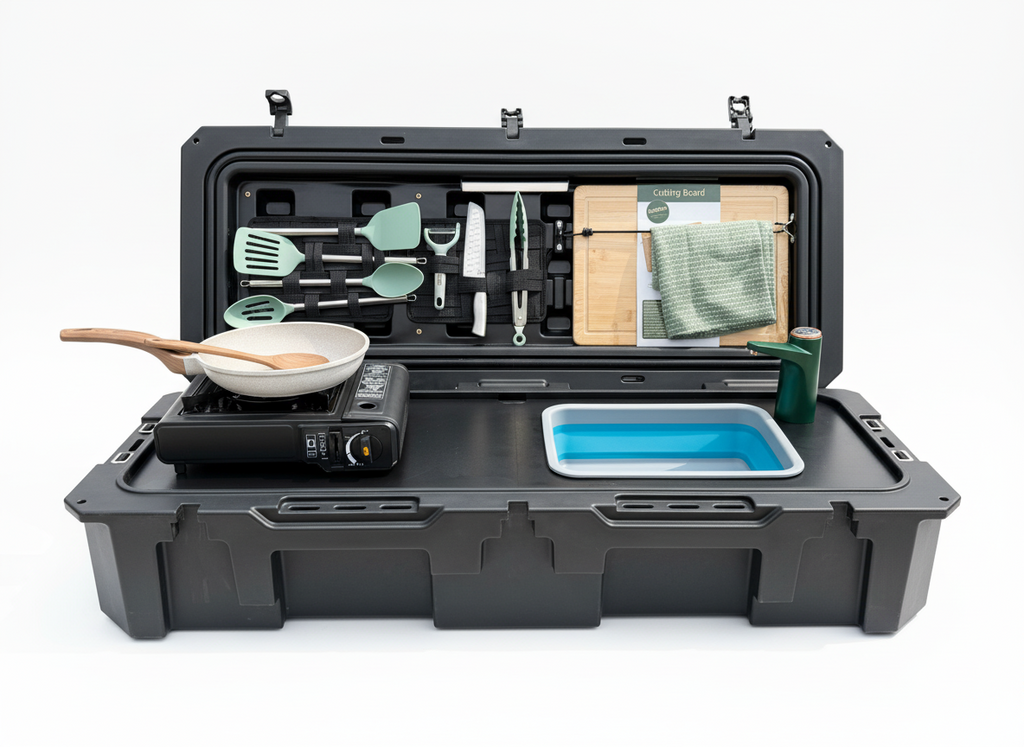 All-in-One Portable Camp Kitchen – Butane Stove, Sink with Rechargeable Faucet, 2-Gallon Water Tank, Weatherproof Case