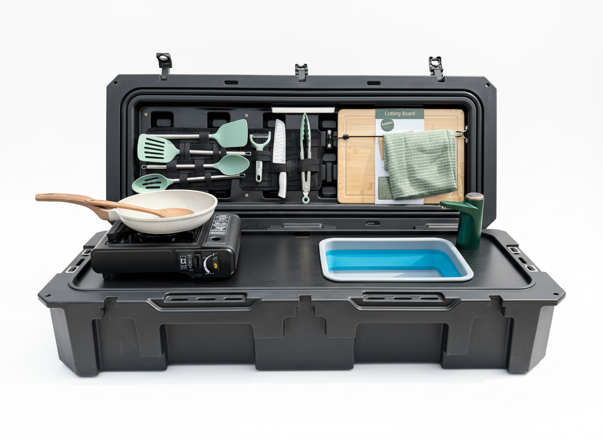 All-in-One Portable Camp Kitchen – Butane Stove, Sink with Rechargeable Faucet, 2-Gallon Water Tank, Weatherproof Case