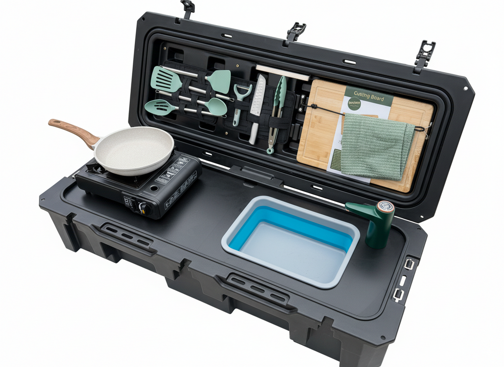 All-in-One Portable Camp Kitchen – Butane Stove, Sink with Rechargeable Faucet, 2-Gallon Water Tank, Weatherproof Case