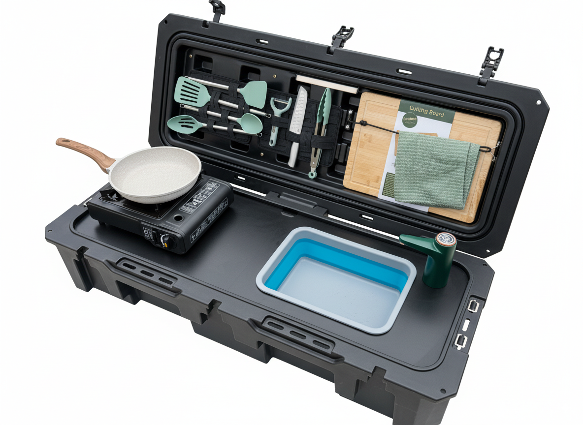 All-in-One Portable Camp Kitchen – Butane Stove, Sink with Rechargeable Faucet, 2-Gallon Water Tank, Weatherproof Case