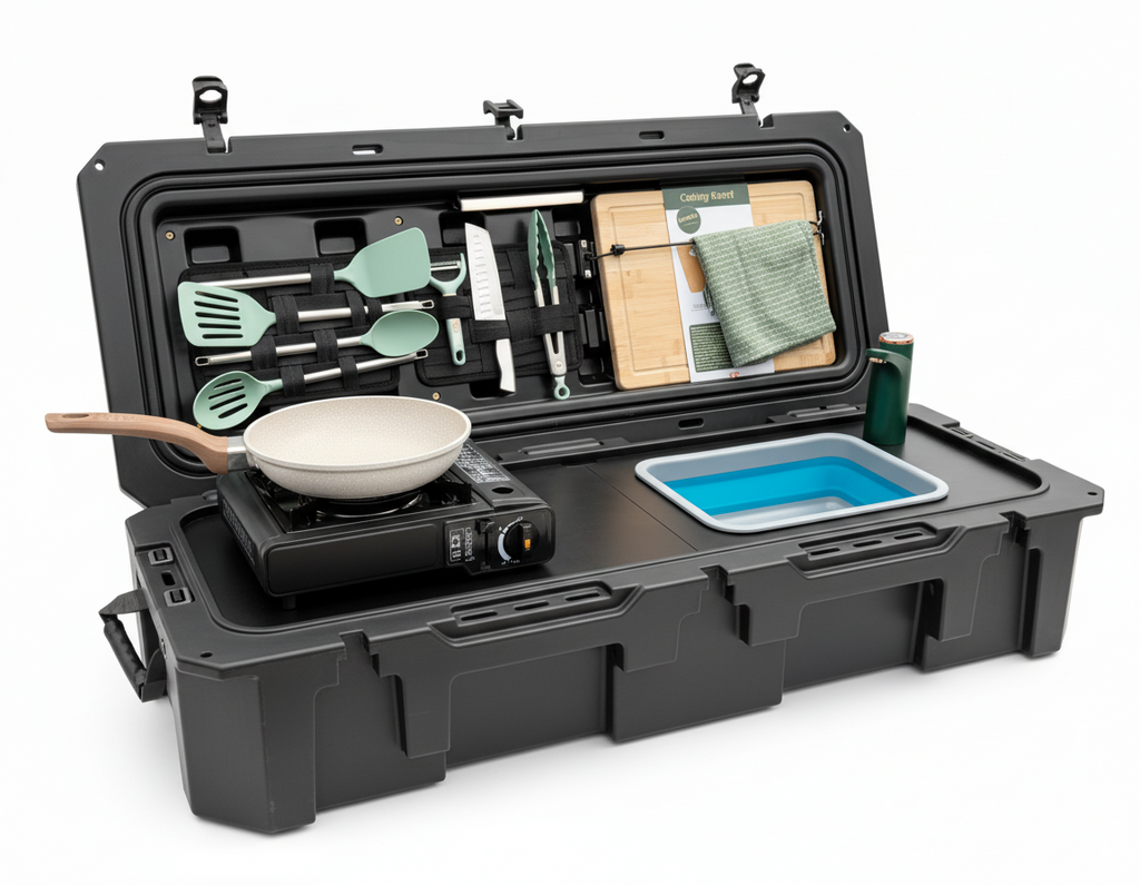 All-in-One Portable Camp Kitchen – Butane Stove, Sink with Rechargeable Faucet, 2-Gallon Water Tank, Weatherproof Case