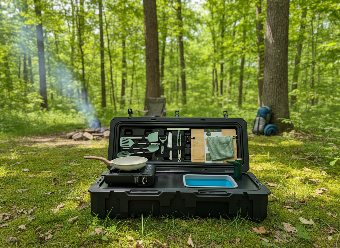 All-in-One Portable Camp Kitchen – Butane Stove, Sink with Rechargeable Faucet, 2-Gallon Water Tank, Weatherproof Case
