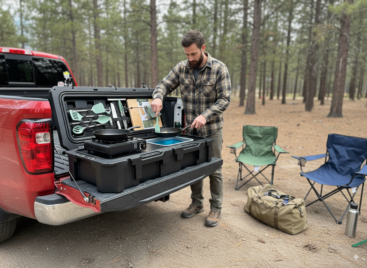 All-in-One Portable Camp Kitchen – Butane Stove, Sink with Rechargeable Faucet, 2-Gallon Water Tank, Weatherproof Case