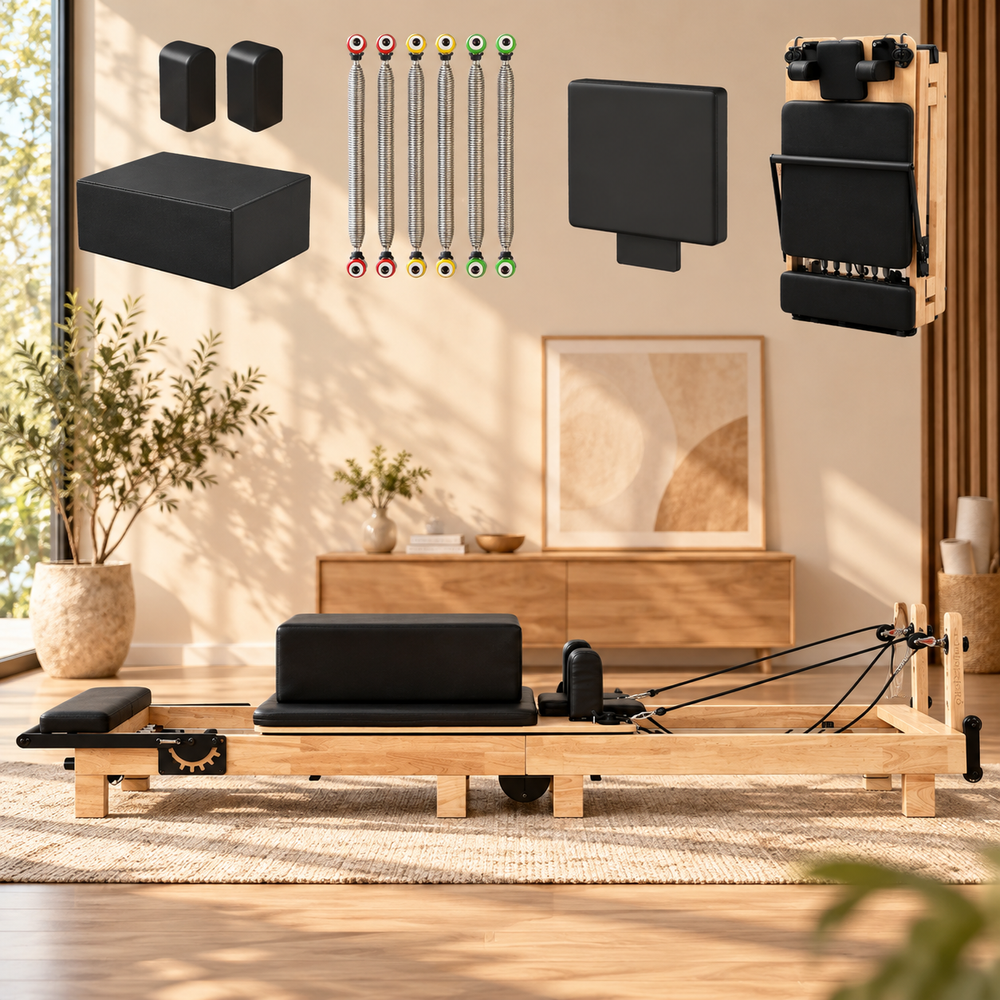 Foldable Wooden Pilates Reformer – 5 Springs, Studio Height, Long Box Included