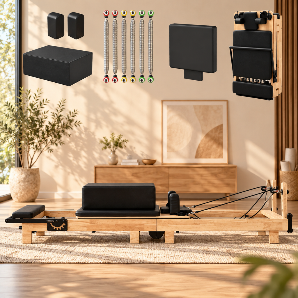 Foldable Wooden Pilates Reformer – 5 Springs, Studio Height, Long Box Included