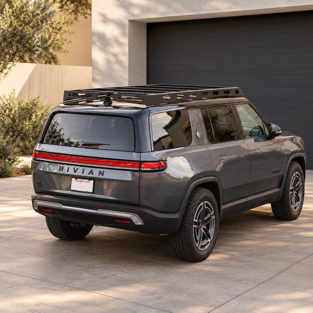 Roof Rack for Rivian R1S (Gen 1 & 2) – Low-Profile Steel & Aluminum, Wind Deflector, Accessory Port Adapters