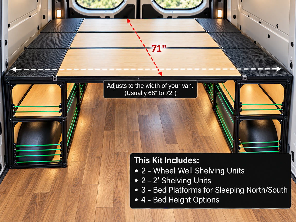 DIY Camper Van Bed Kit 71″ with Shelving & Wheel Well Storage – Adjustable Height, Modular