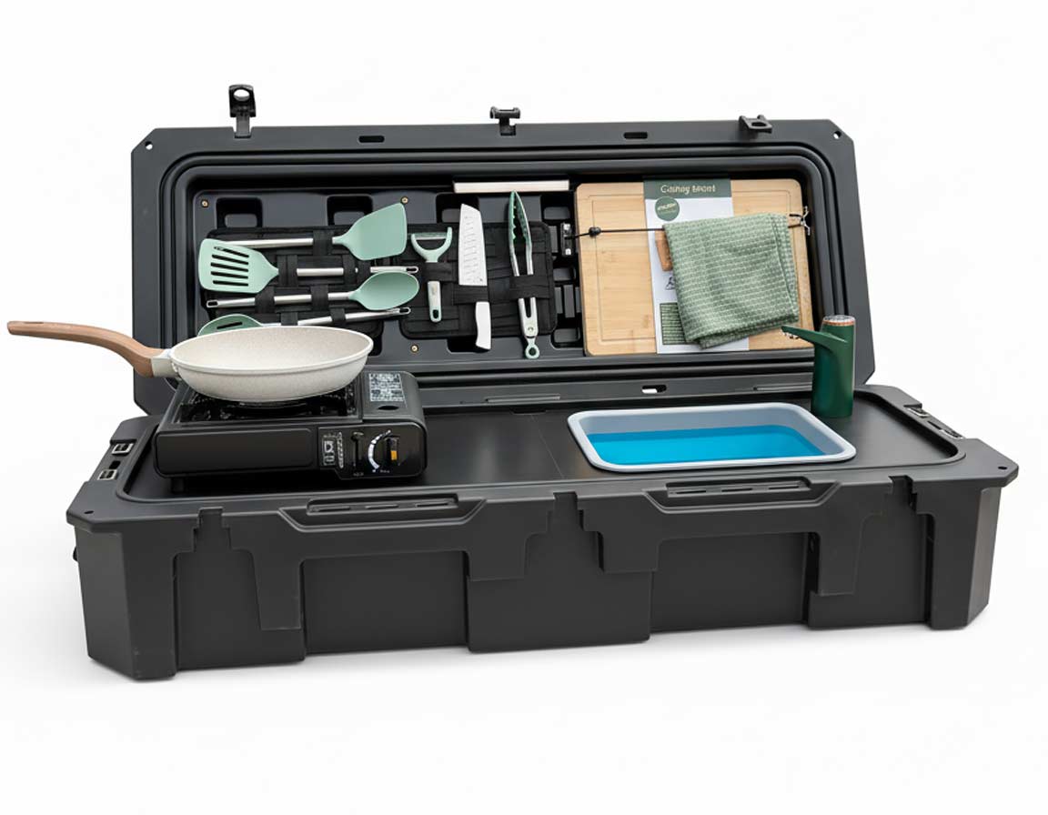 All-in-One Portable Camp Kitchen – Butane Stove, Sink with Rechargeable Faucet, 2-Gallon Water Tank, Weatherproof Case