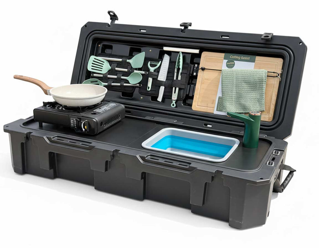 All-in-One Portable Camp Kitchen – Butane Stove, Sink with Rechargeable Faucet, 2-Gallon Water Tank, Weatherproof Case