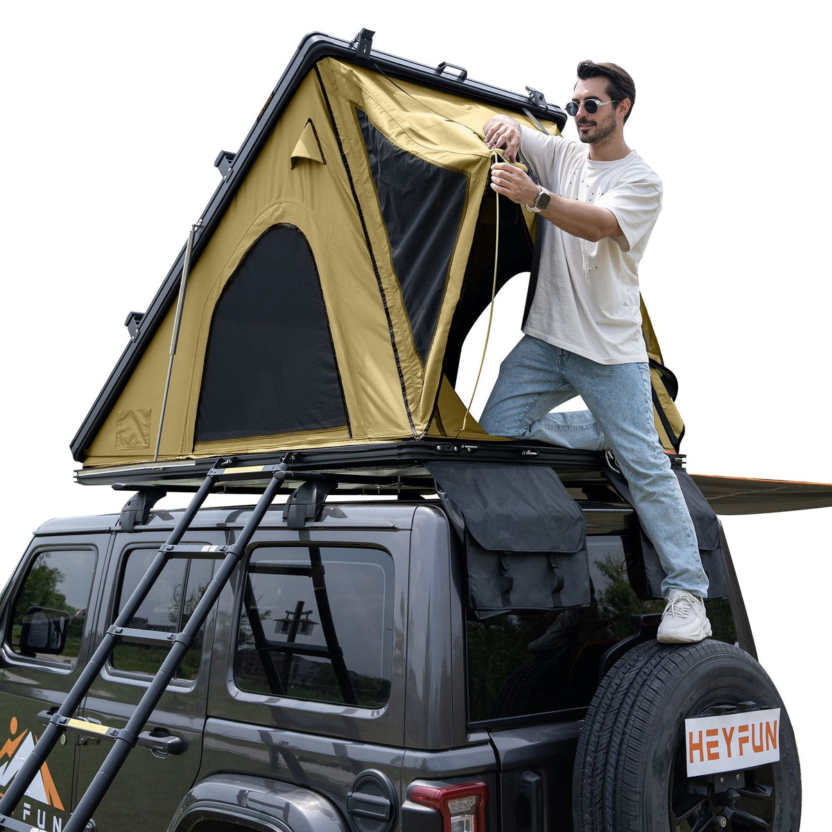 Hardshell Rooftop Tent – Aluminum, Pop-Up, 4-Season, Side Awning, AC Bracket, Sleeps 2–3