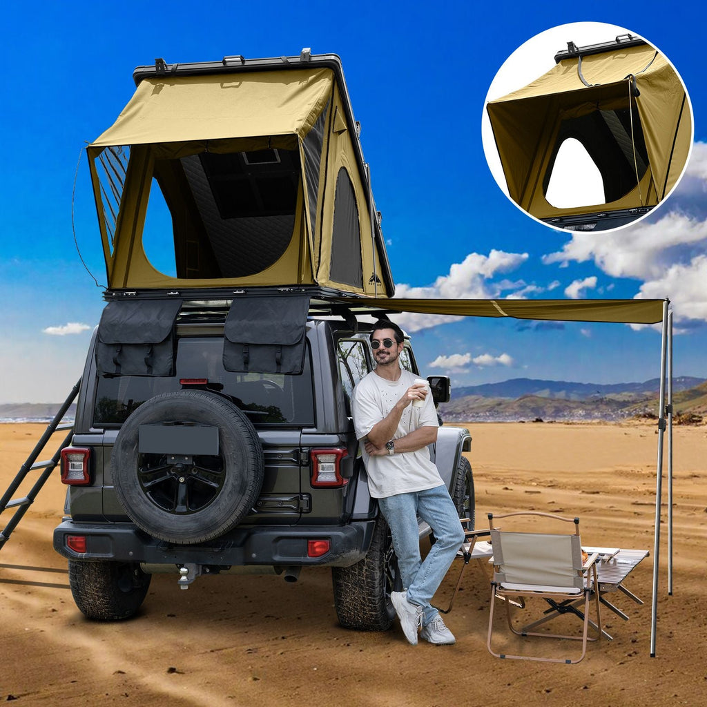 Hardshell Rooftop Tent – Aluminum, Pop-Up, 4-Season, Side Awning, AC Bracket, Sleeps 2–3