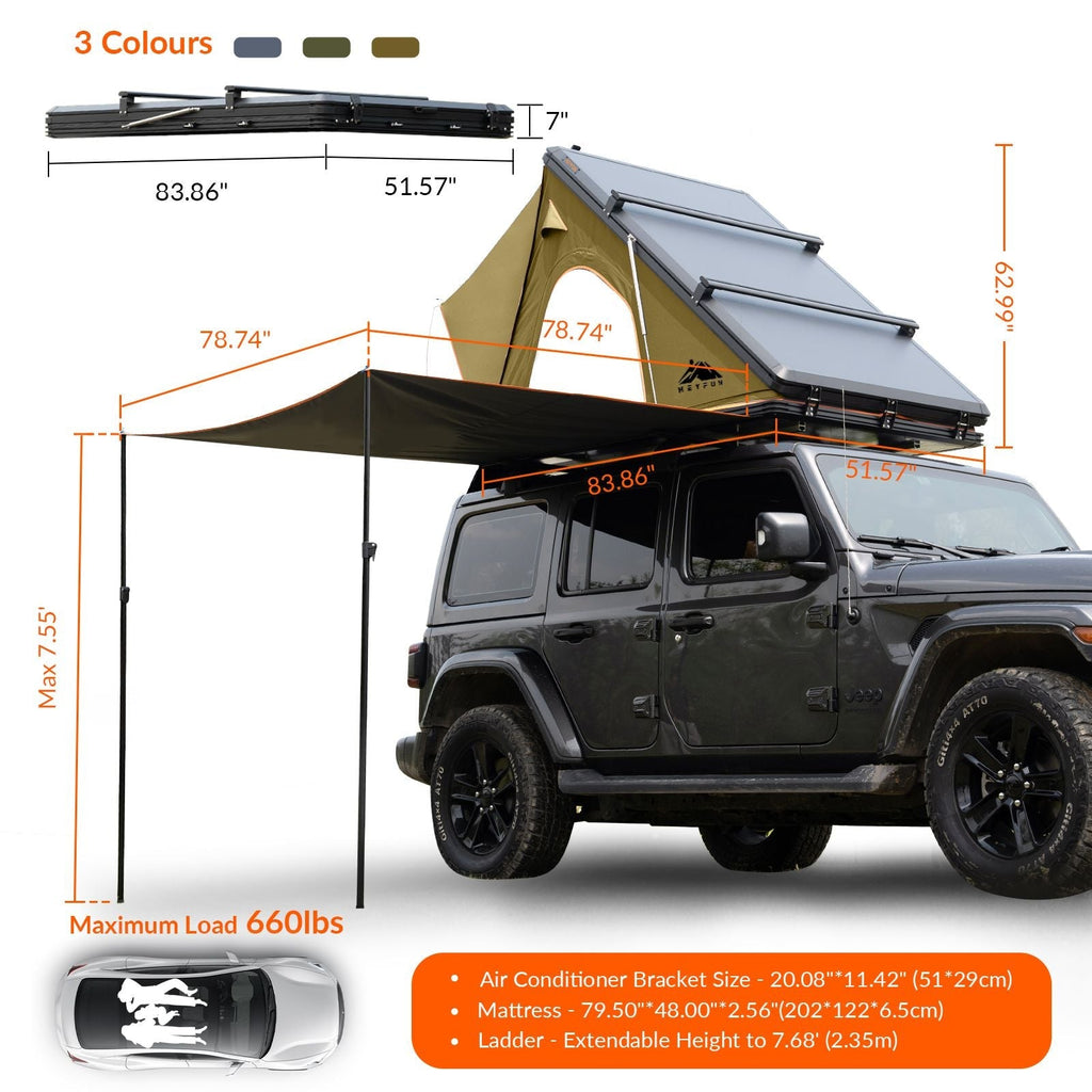 Hardshell Rooftop Tent – Aluminum, Pop-Up, 4-Season, Side Awning, AC Bracket, Sleeps 2–3