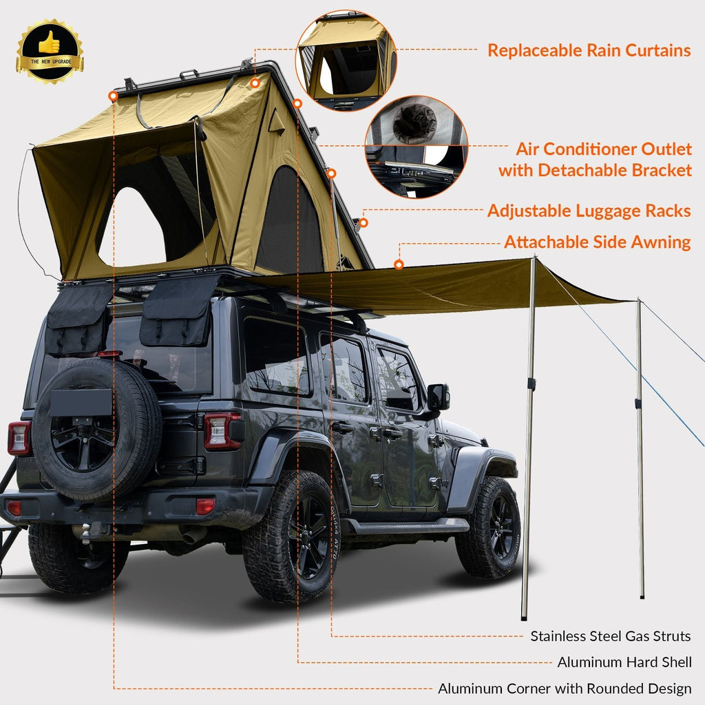 Hardshell Rooftop Tent – Aluminum, Pop-Up, 4-Season, Side Awning, AC Bracket, Sleeps 2–3