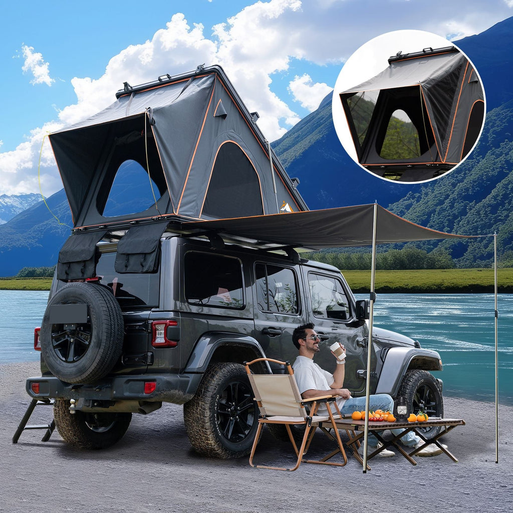 Hardshell Rooftop Tent – Aluminum, Pop-Up, 4-Season, Side Awning, AC Bracket, Sleeps 2–3