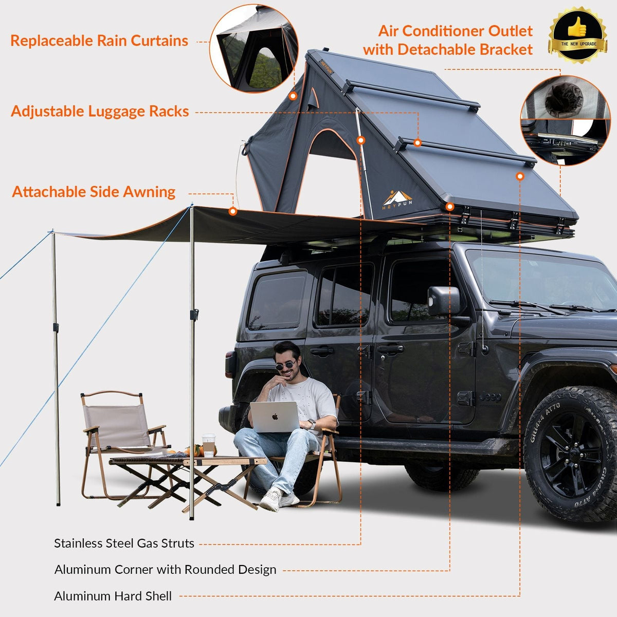 Hardshell Rooftop Tent – Aluminum, Pop-Up, 4-Season, Side Awning, AC Bracket, Sleeps 2–3