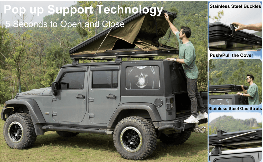 Hardshell Rooftop Tent – Aluminum, Pop-Up, 4-Season, Side Awning, AC Bracket, Sleeps 2–3