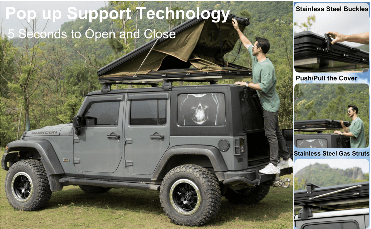 Hardshell Rooftop Tent – Aluminum, Pop-Up, 4-Season, Side Awning, AC Bracket, Sleeps 2–3