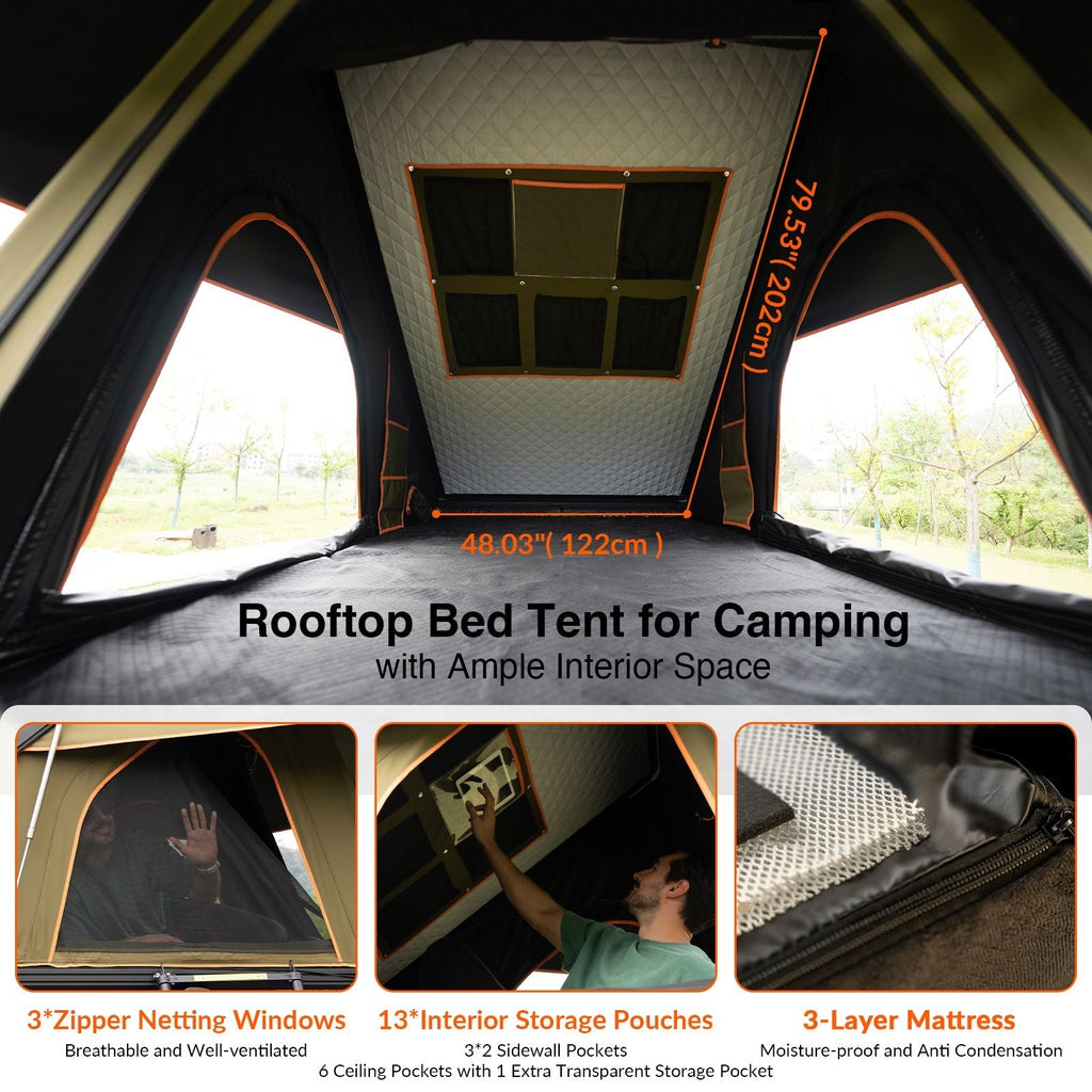 Hardshell Rooftop Tent – Aluminum, Pop-Up, 4-Season, Side Awning, AC Bracket, Sleeps 2–3