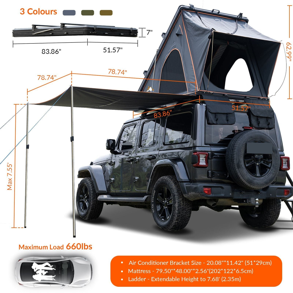Hardshell Rooftop Tent – Aluminum, Pop-Up, 4-Season, Side Awning, AC Bracket, Sleeps 2–3