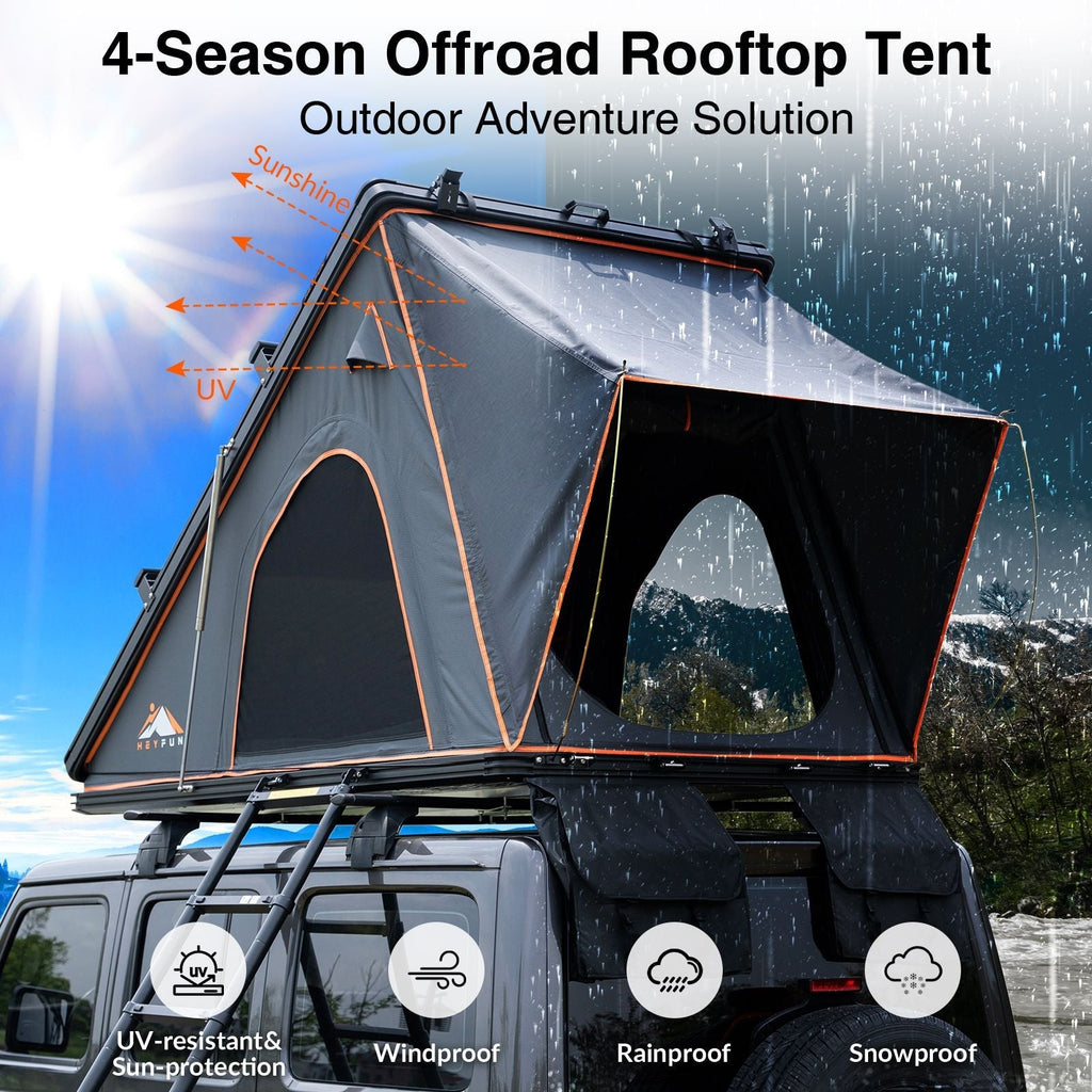 Hardshell Rooftop Tent – Aluminum, Pop-Up, 4-Season, Side Awning, AC Bracket, Sleeps 2–3