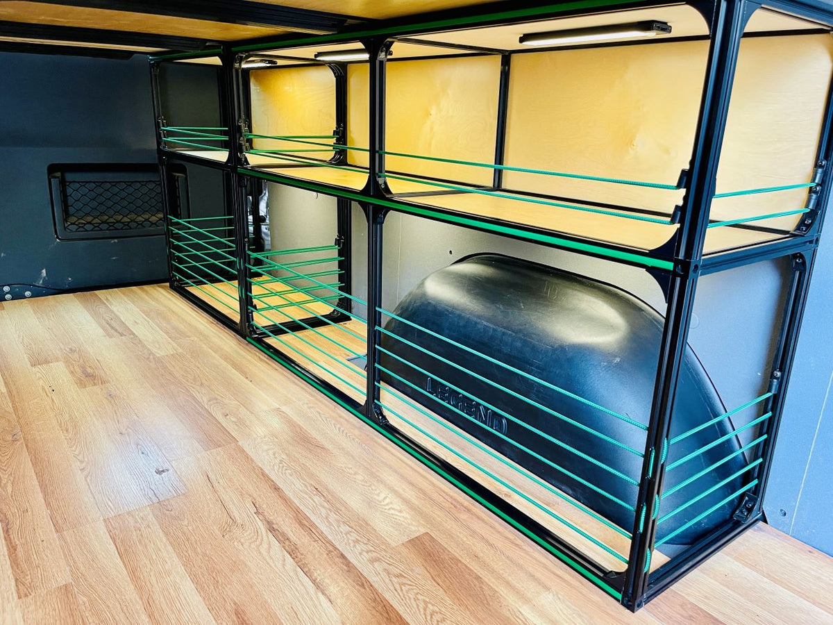 DIY Camper Van Bed Kit 71″ with Shelving & Wheel Well Storage – Adjustable Height, Modular