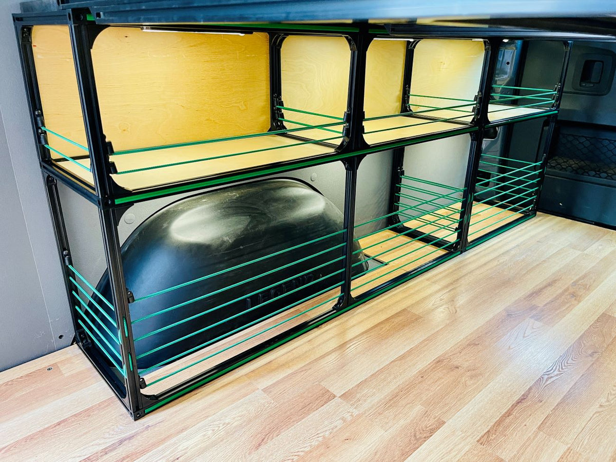 DIY Camper Van Bed Kit 71″ with Shelving & Wheel Well Storage – Adjustable Height, Modular