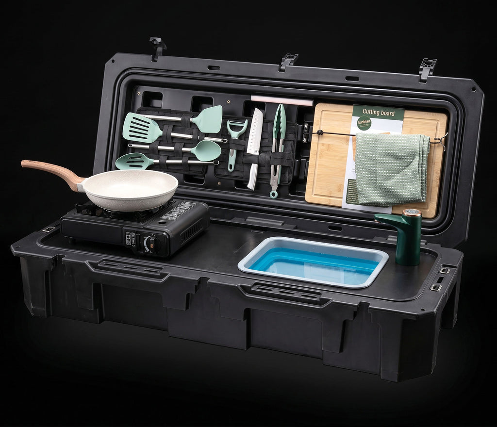 All-in-One Portable Camp Kitchen – Butane Stove, Sink with Rechargeable Faucet, 2-Gallon Water Tank, Weatherproof Case