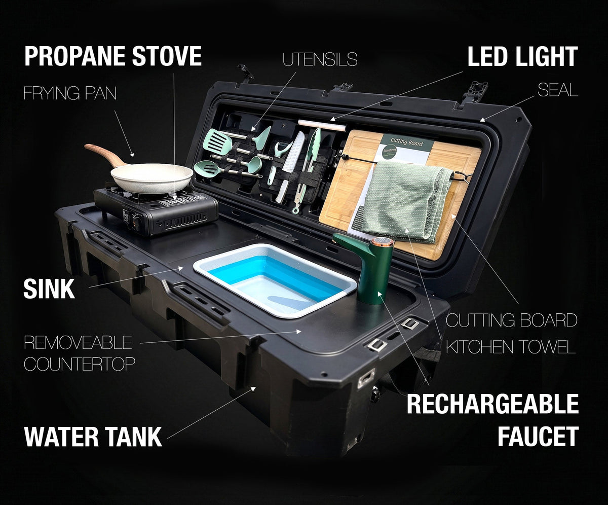 All-in-One Portable Camp Kitchen – Butane Stove, Sink with Rechargeable Faucet, 2-Gallon Water Tank, Weatherproof Case