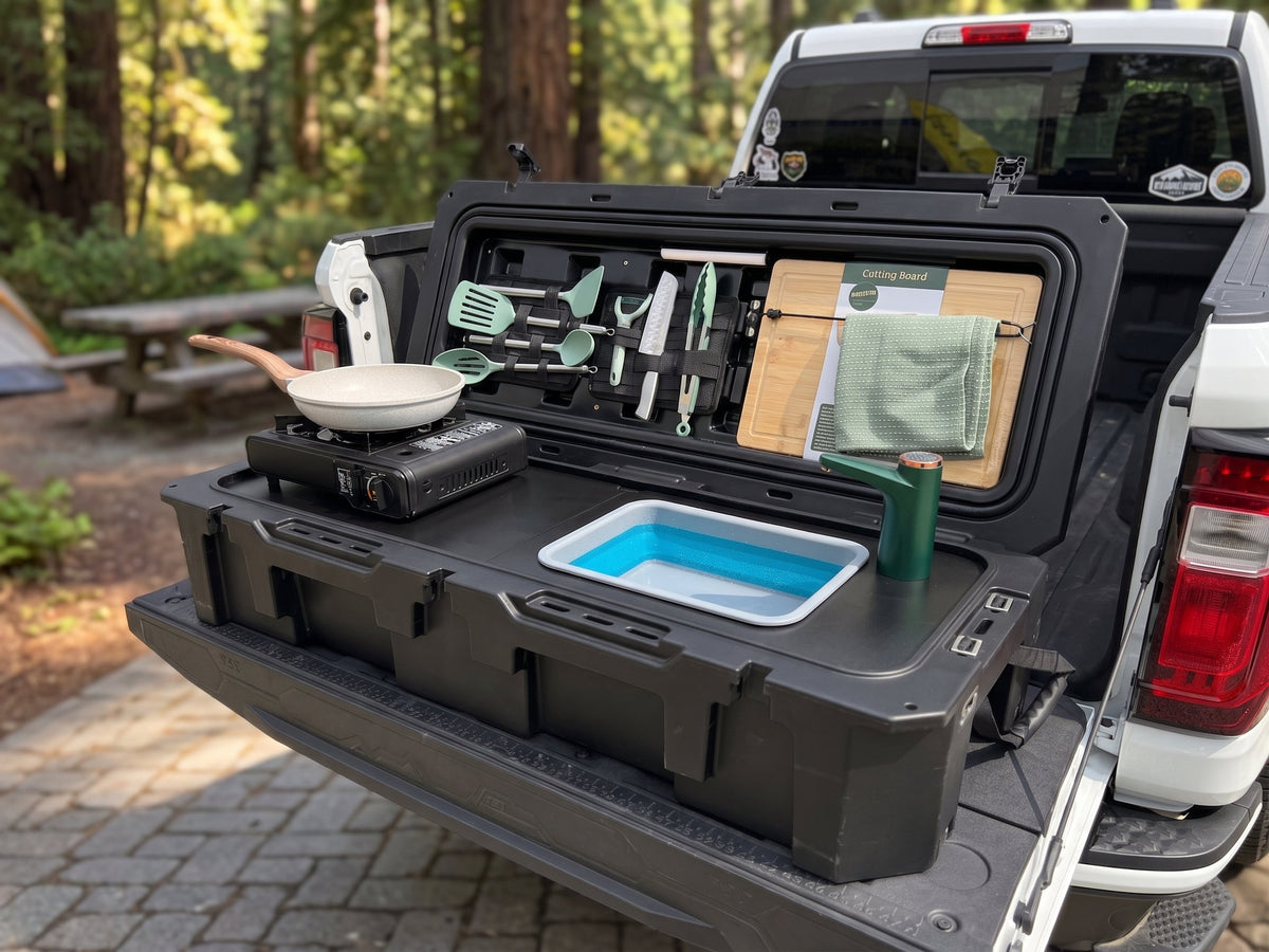 All-in-One Portable Camp Kitchen – Butane Stove, Sink with Rechargeable Faucet, 2-Gallon Water Tank, Weatherproof Case