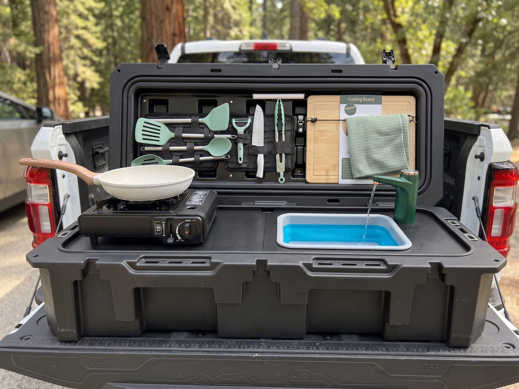 All-in-One Portable Camp Kitchen – Butane Stove, Sink with Rechargeable Faucet, 2-Gallon Water Tank, Weatherproof Case