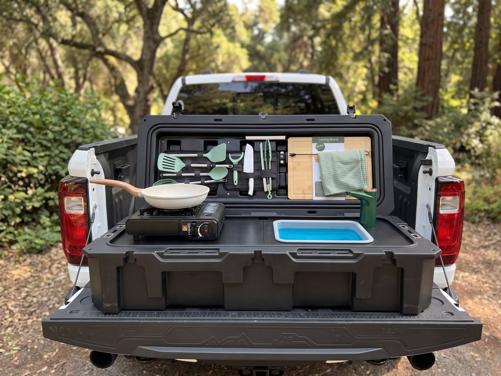 All-in-One Portable Camp Kitchen – Butane Stove, Sink with Rechargeable Faucet, 2-Gallon Water Tank, Weatherproof Case